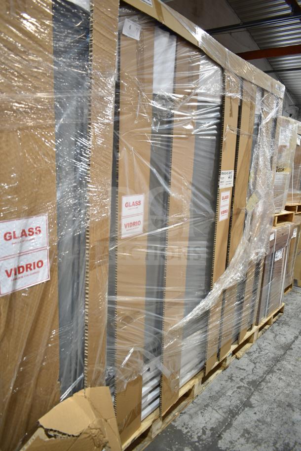 Brand new Hoshizaki RM-65-HC-WHT merchandiser with three glass doors in protective wrap. Tags read "Glass/Vidrio". 115V, 1 Phase.