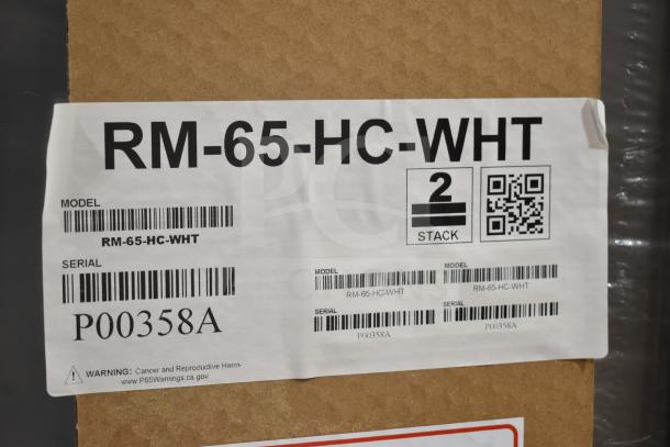 Label for Hoshizaki RM-65-HC-WHT merchandiser, indicating model and serial number P00358A, warning about potential harm.