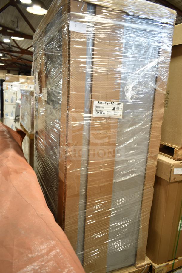 Brand new 2021 Hoshizaki RM-45-SD-HC glass door merchandiser, 51", two sliding doors, 115V, 1 phase, in packaging.