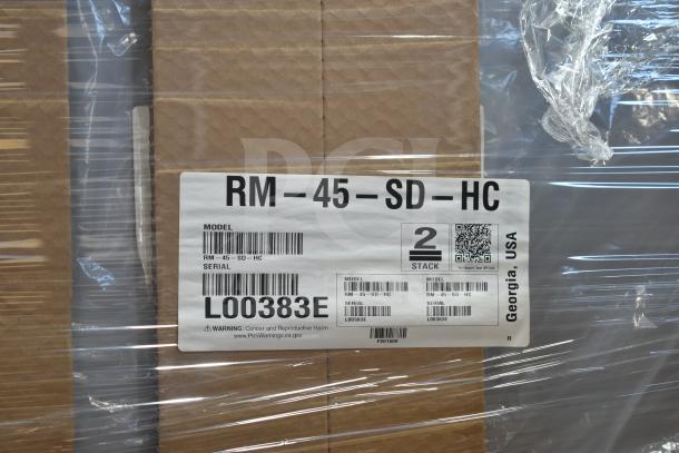 2021 Hoshizaki RM-45-SD-HC glass door merchandiser, brand new with scratch and dent. Model label shows "RM-45-SD-HC" and serial "L00383E".