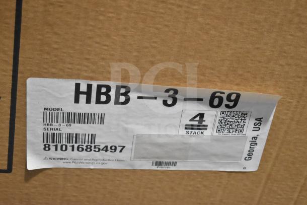 Label for Hoshizaki HBB-3-69 refrigerator, showing model and serial number 8101685497, with a QR code and warning notice.