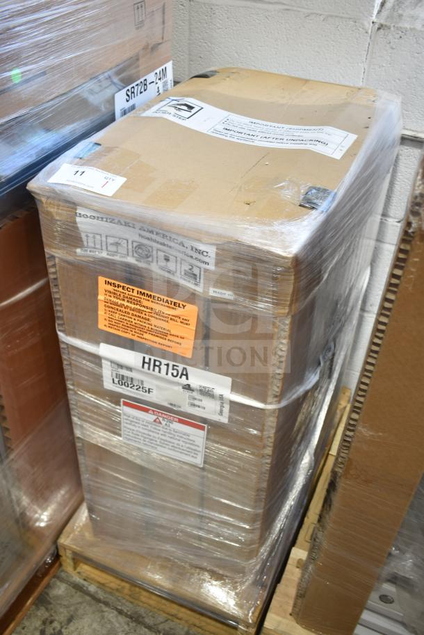 New 2021 Hoshizaki HR15A undercounter refrigerator, model HR15A, in packaging. Features include 115 volts, 1 phase.
