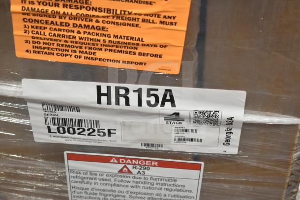 BRAND NEW 2021 Hoshizaki HR15A Undercounter Refrigerator label, model HR15A, serial L00225F. Scratch and dent condition.
