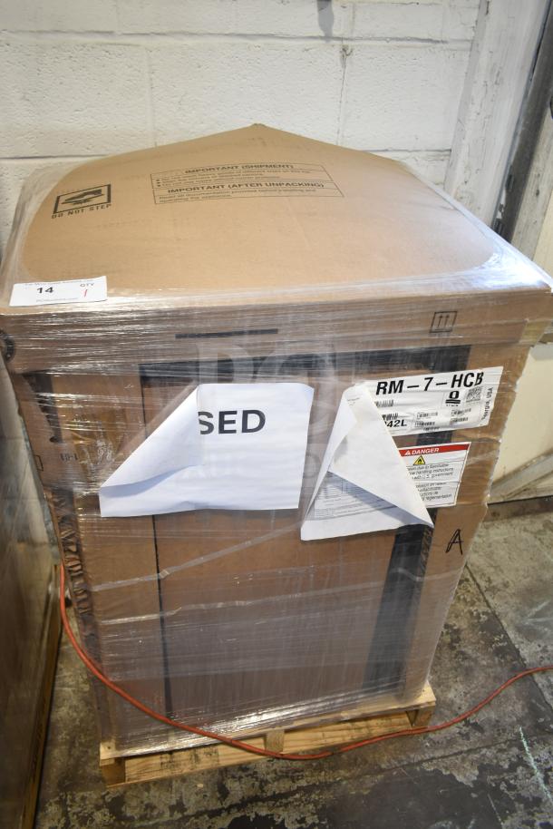Brand new 2023 Hoshizaki RM-7-HCB countertop refrigerator in packaging. Labeled "Scratch and Dent," 115 volts, 1 phase.