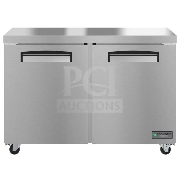 "Brand new Hoshizaki EUF48A undercounter freezer, 47 3/4", 2 sections, 2 doors, 115V, 1 phase, scratch and dent condition."