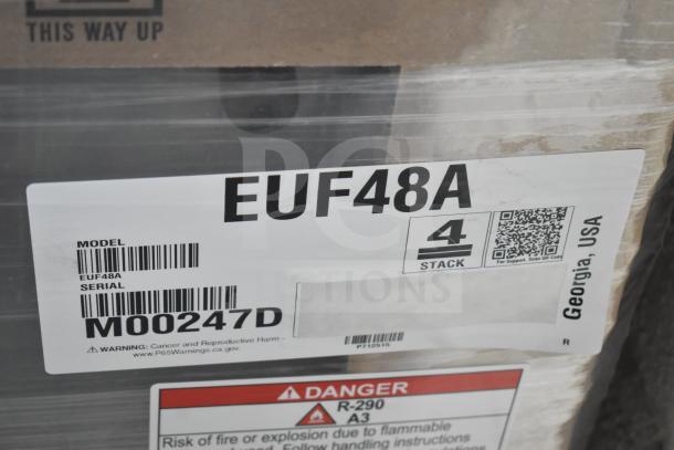 Hoshizaki EUF48A undercounter freezer label, model EUF48A, serial M00247D, showing shipping and warning details.