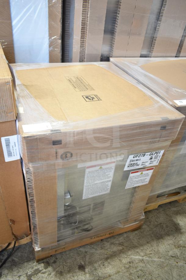 Brand new 2023 Hoshizaki UF27B-GLP01 27" undercounter freezer in original packaging, visible labels, minor scratches.