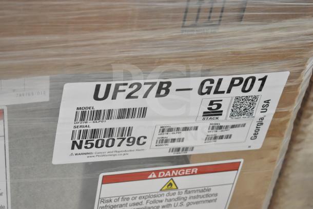 Label on Hoshizaki UF27B-GLP01 27" undercounter freezer shows model, serial number N50079C, and safety warnings.
