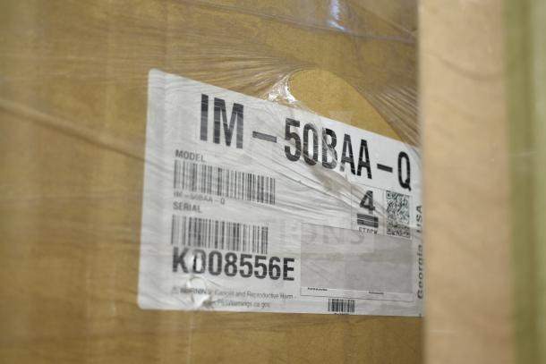 BRAND NEW SCRATCH AND DENT Hoshizaki IM-50BAA-Q Ice Sphere Machine label with model and serial number visible.