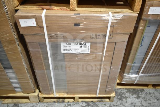 Brand new Hoshizaki KM-231BAJ ice machine in original packaging, labeled for 213 lb crescent cube production, 80 lb storage bin.
