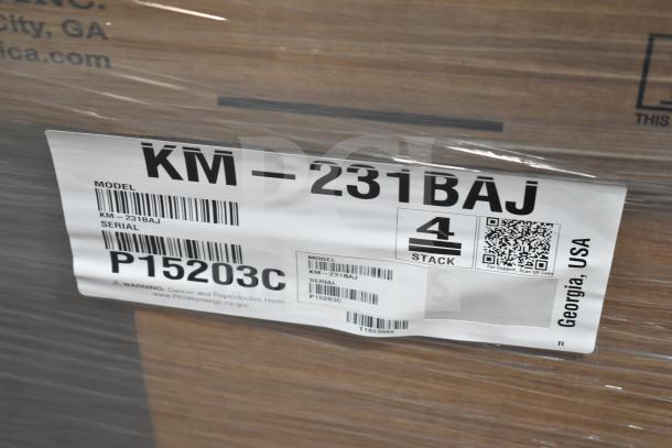 BRAND NEW 2024 Hoshizaki KM-231BAJ Ice Machine, 213 lb capacity, 80 lb bin, 115V, 1 Phase, with visible packaging labels.