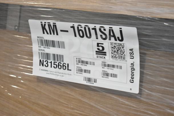 Brand new 2023 Hoshizaki KM-1601SAJ ice machine; model label showing serial N31566L, stack 5.