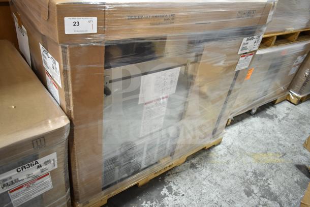 BRAND NEW 2023 Hoshizaki SR48B-12M Steelheart 48" Mega Top Sandwich Prep Table, wrapped on pallet with original packaging.