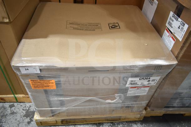 Brand new Hoshizaki CR36A Steelheart Chef Base with two drawers, 115V, 1 Phase, in packaging, labeled "Inspect Immediately."