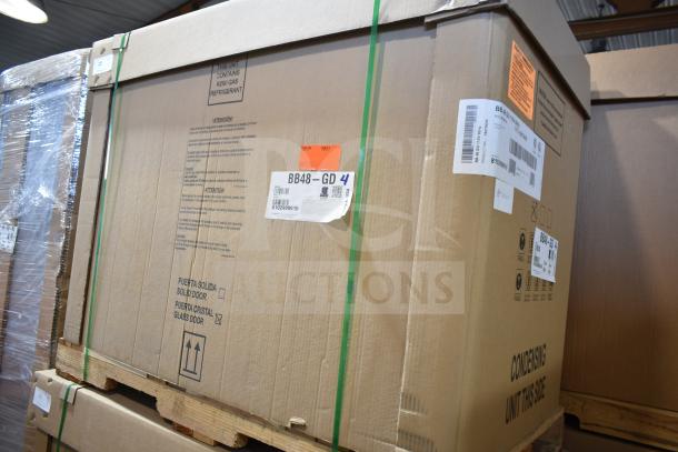 Brand new Hoshizaki BB48-GD back bar cooler in box, marked "Scratch and Dent," 48" size, 115V, 1 Phase, model details visible.