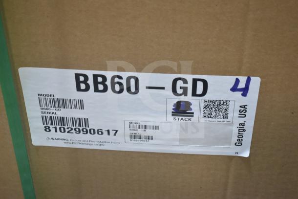 BRAND NEW Hoshizaki BB60-GD 60" 2 Door Back Bar Cooler label showing model and serial number. 115 Volts, 1 Phase.
