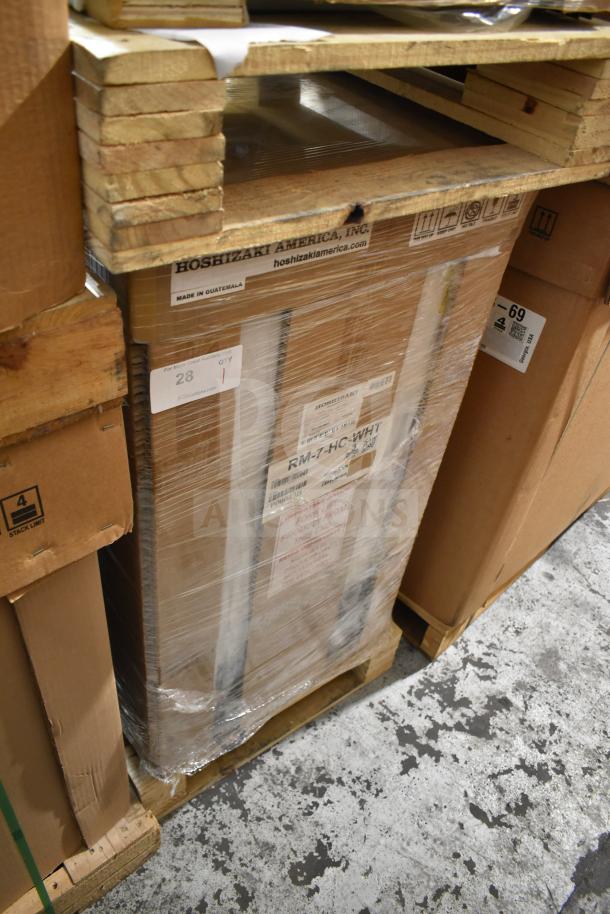 2024 Hoshizaki RM-7-HC-WHT countertop refrigerator, new condition, in packaging. Visible model label, 115V, 1 Phase.