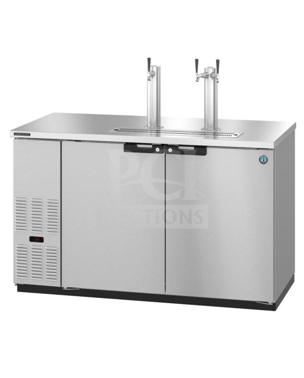 New Hoshizaki HDD-2-59-S fridge, stainless steel, two solid doors, back bar direct draw, 115V, minor scratches.