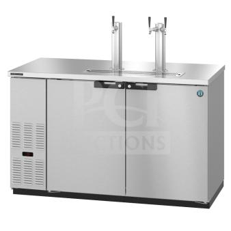New Hoshizaki HDD-2-59-S fridge, stainless steel, two solid doors, back bar direct draw, 115V, minor scratches.