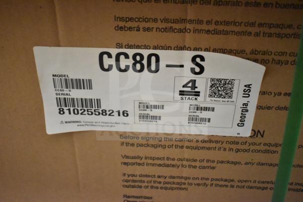 Hoshizaki CC-80-S bottle cooler packaging with model and serial labels, "4 stack" indication, Georgia origin.