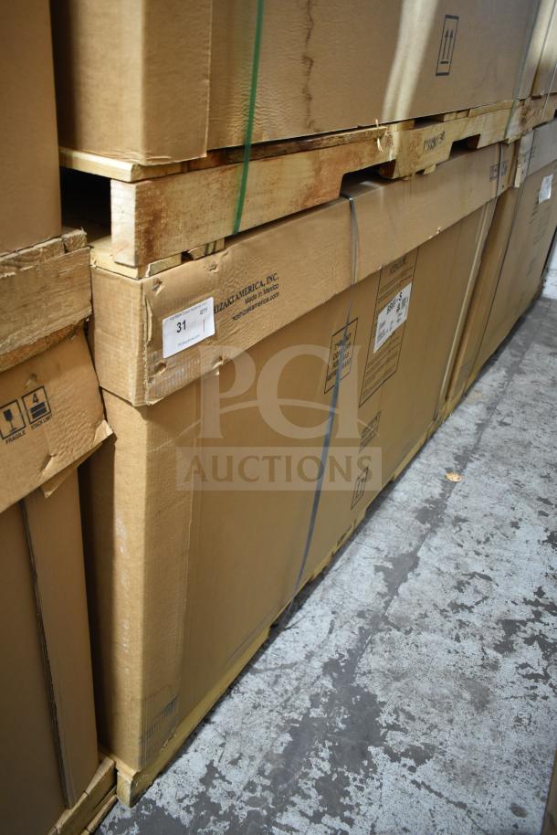 Brand new Hoshizaki BB69-S bar refrigerator in packaging, showing scratch and dent label. 69 1/2", 2 solid doors, 115V.