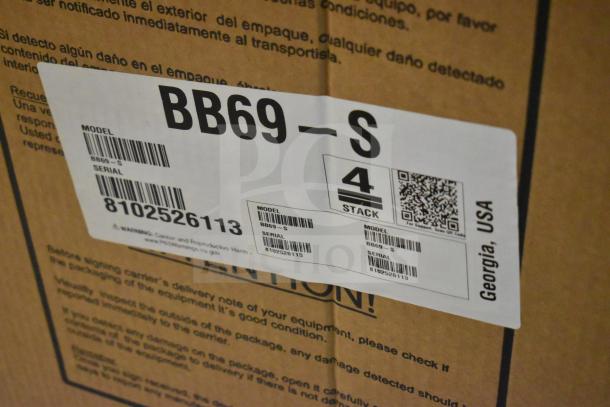 Hoshizaki BB69-S bar refrigerator packaging label, model BB69-S, serial 8102526113, Georgia, USA.