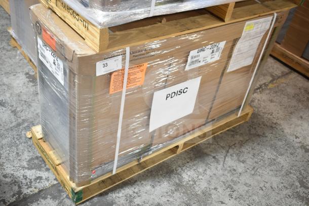 Brand new 2025 Hoshizaki URC-22FZ air cooled ice machine compressor on pallet, labeled "PDISC", 115V, 1 phase.