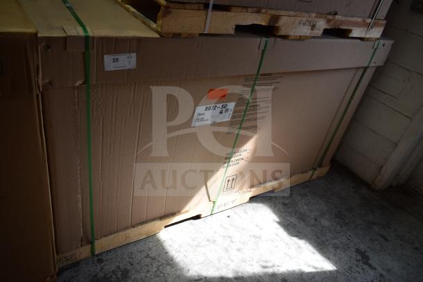 Brand new Hoshizaki BB72-SD 72" back bar cooler in packaging, 115 volts, 1 phase, with visible labels and markings.