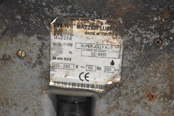 Mazza Luigi Super Jolly Auto espresso machine, 220-230V, 1 phase. Label shows model info; exterior shows rust and wear. No lid.