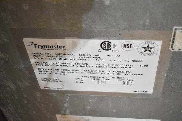 2016 Frymaster FBCR18CSE rethermalizer label showing serial number, model, and 90,000 BTU capacity. Made in USA.