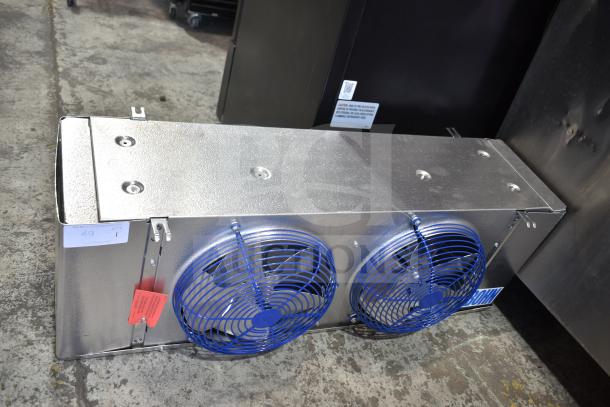 Bohn BEL0650AG6AMAD2107 commercial evaporator fan, 115 volts, 1 phase, metallic finish, dual blue fans, like-new condition.