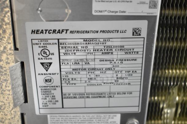 Bohn BEL0650AG6AMAD2107 commercial evaporator fan label, showing voltage 115V, 1 phase, serial T25L08936.