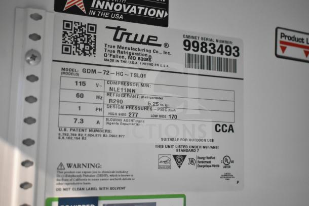2021 True GDM-72-HC commercial cooler label shows model, 115V, 1 phase, uses refrigerant R290, with Energy Star.