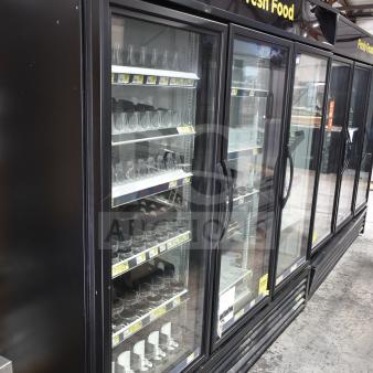 2020 True GDM-72-HC commercial 3-door reach-in cooler merchandiser, black finish, shelves with price tags, tested working.