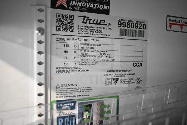 2020 True GDM-72-HC 3 Door Reach In Cooler Merchandiser label. Model: GDM-72-HC, 115V, 1 Phase, Tested and Working.