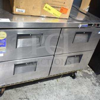Everest ETBR2-D4 Commercial 4 Drawer Undercounter Cooler with casters, label indicating best warranty, 115V, 1 phase.