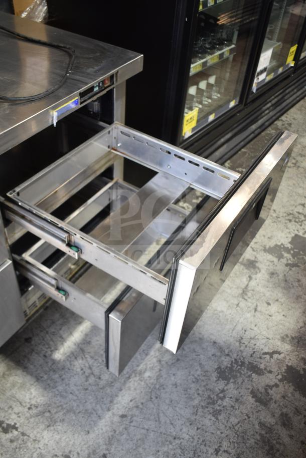 Everest ETBR2-D4 commercial undercounter cooler, 4 drawers, stainless steel, on casters, 115V, open drawer view.