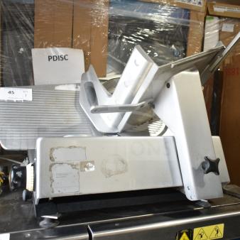 Bizerba SE12D Commercial Meat Slicer, countertop model, 120V, 1 phase, used condition, visible markings and safety labels.