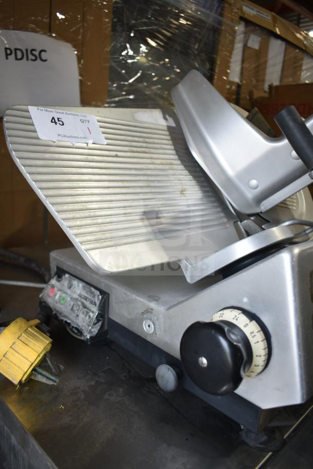 Bizerba SE12D commercial meat slicer, 120V, 1 phase, in good condition. Features adjustable thickness dial and safety guard.