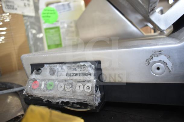 Bizerba SE12D commercial meat slicer, 120V, used condition, visible control panel with labels, scratches on casing.