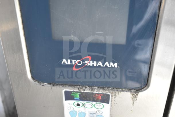 Alto Shaam CTP10-10E stainless steel combi convection oven front panel with logo and control labels visible.