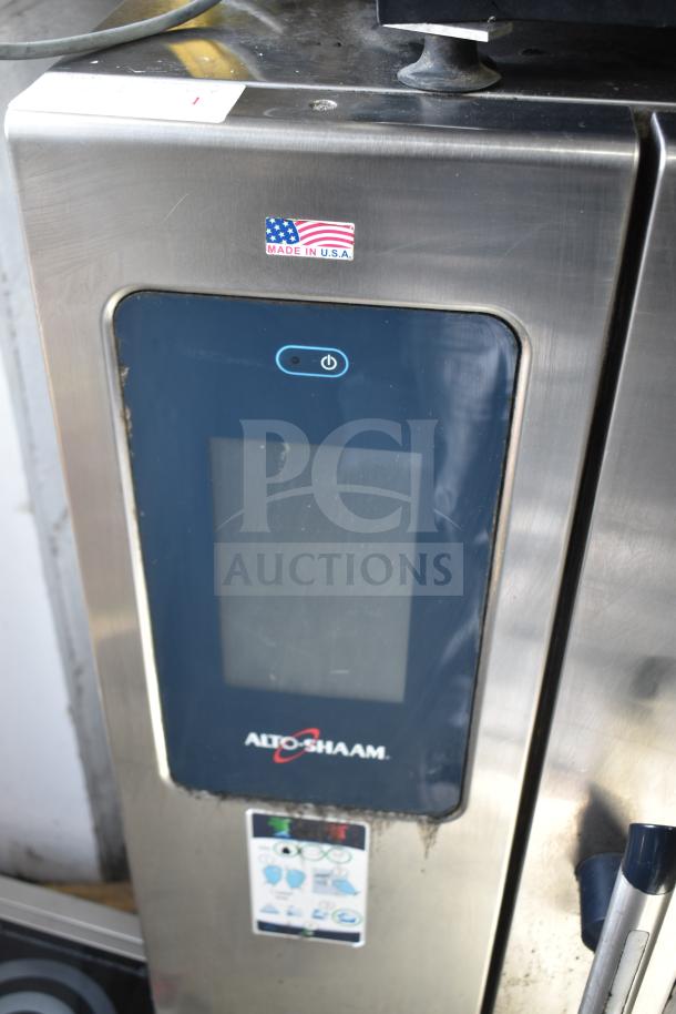 Alto Shaam CTP10-10E stainless steel commercial combi oven, 208/240 volts, 3 phase, touchscreen control, "Made in USA" label.