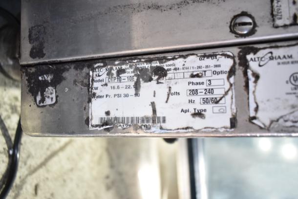 Alto Shaam CTP10-10EVH stainless steel combin convection oven label, 208/240V, 3 phase, 16.6-22 kW, used condition.