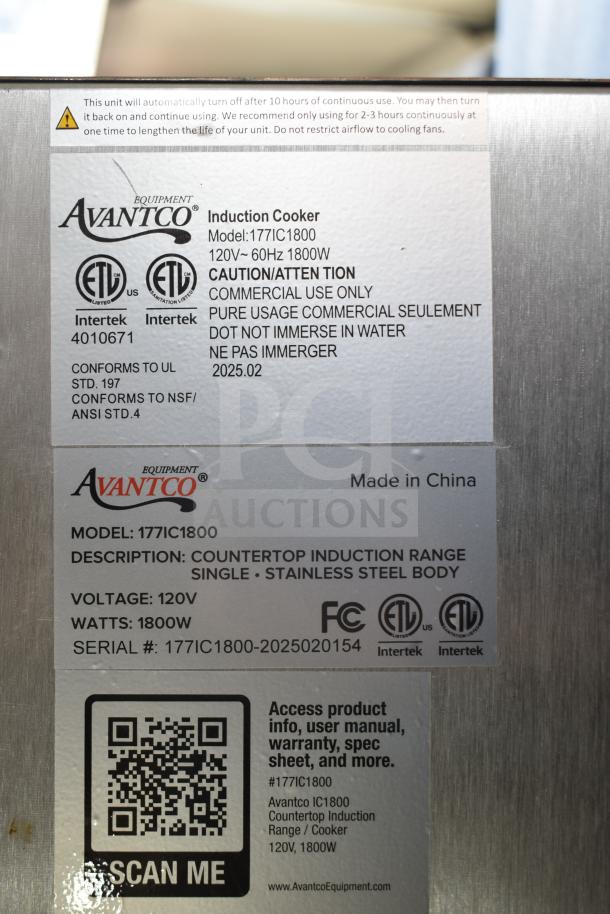 Avantco 177IC1800 countertop induction range, stainless steel, 120V, 1800W, commercial use, model and safety labels visible.