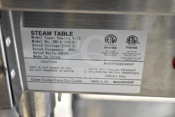 NH-4-240-SU steam table label showing model, 240V, 4400W power, ETL certification, and caution. Made in China.