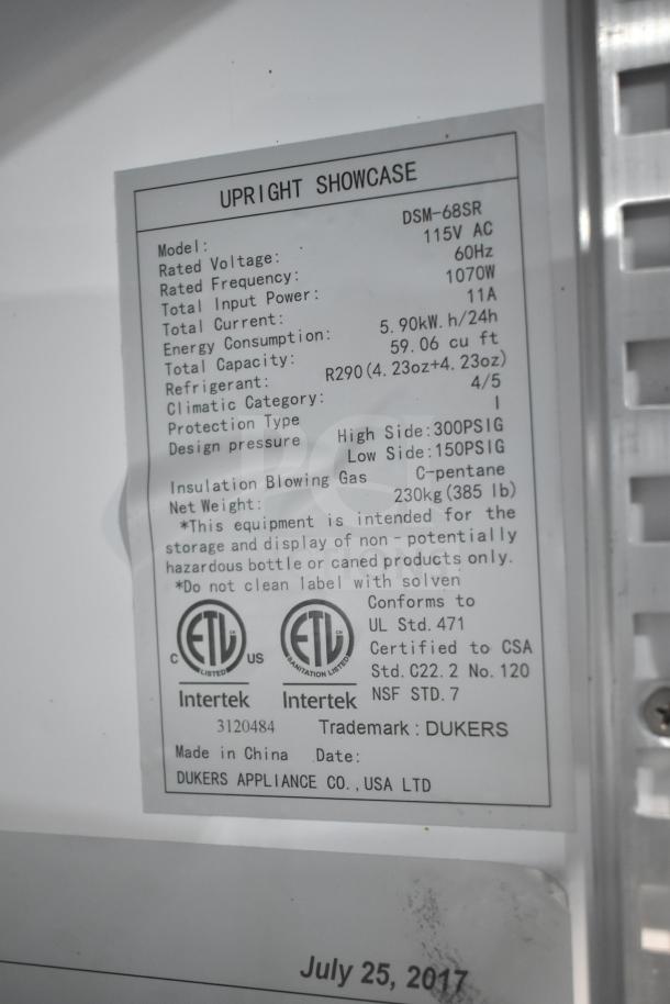 Dukers DSM-68SR Commercial Cooler label, 3-door, on casters. Specs: 115V, 1070W, R290 refrigerant, 59.06 cu ft.