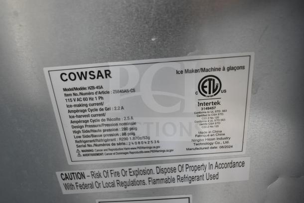 Cowsar HZB-45A ice maker label showing model, 115V, 33 lb storage, 100 lb production. Certified by Intertek.