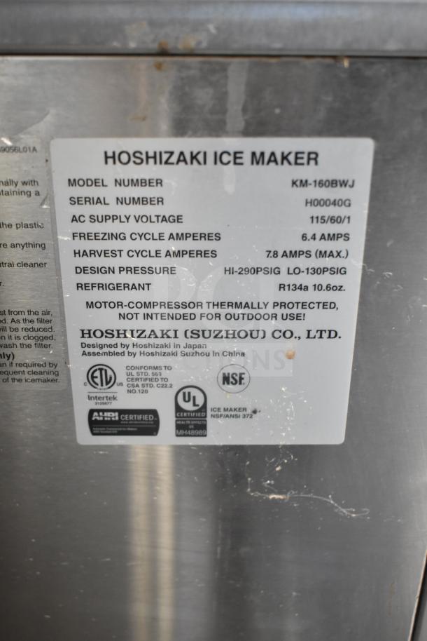 Hoshizaki KM-160BWJ ice machine label showing model, voltage, amperage, and design pressure. Certified with UL and NSF.
