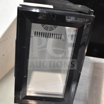 SC08 Mini Cooler Merchandiser, 110/120 Volts, 1 Phase, model SC08. Glass front, black exterior, good condition.