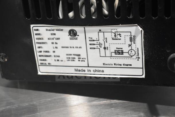 SC08 Mini Cooler Merchandiser, 110/120 Volts, 1 Phase, model SC08, label shows electrical specs and wiring diagram.